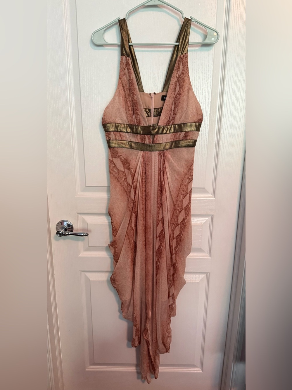 Y2K Vintage Bebe Snake Skin Blush Pink Dress with Gold Trim